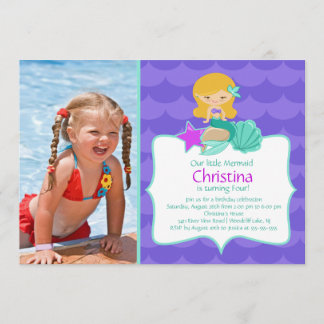 Cute Blonde Mermaid Photo Birthday Invitation Kaart