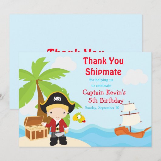 Cute Blonde Pirate Boy Birthday Party Bedankkaart (Voorkant / Achterkant)