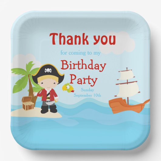 Cute Blonde Pirate Boy in Red Birthday Papieren Bordje (Voorkant)