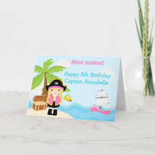 Cute Blonde Pirate Girl in Pink Birthday Party Kaart
