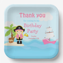 Cute Blonde Pirate Girl in Pink Birthday Party Papieren Bordje