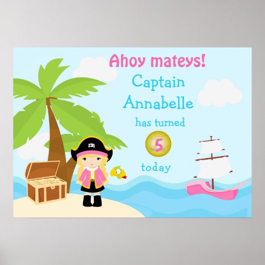Cute Blonde Pirate Girl in Pink Birthday Poster (Voorkant)