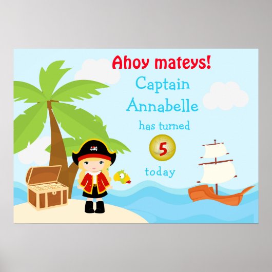Cute Blonde Pirate Girl in Red Birthday Poster (Voorkant)