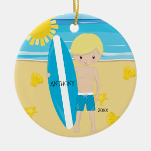 Cute Blonde Surfer Boy persoonlijke kerstmis Keramisch Ornament