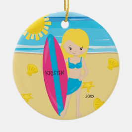 Cute BlondeSurfer Girl persoonlijke kerstmis Keramisch Ornament