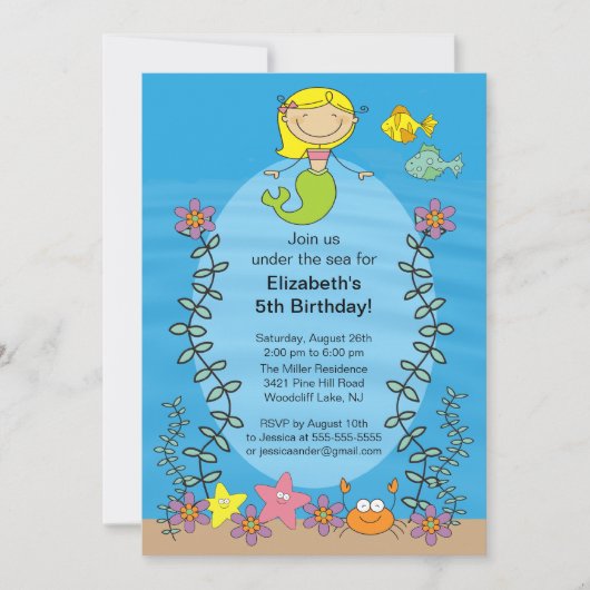 Cute Blone Mermaid Birthday Invitation Kaart (Voorkant)