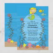 Cute Blone Mermaid Birthday Invitation Kaart (Voorkant / Achterkant)