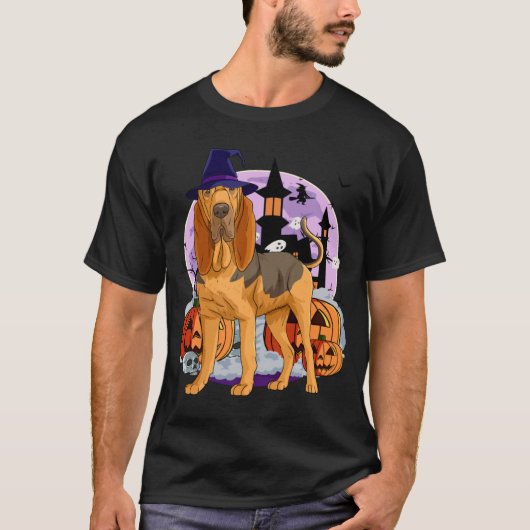 Cute Bloodhound Dog Halloween Witch Pumpkin T-shirt (Voorkant)