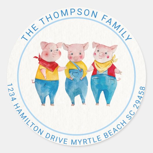 Cute Blue 3 Little Pigs Baby shower Address Ronde Sticker (Voorkant)