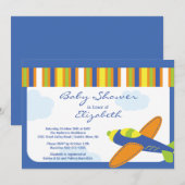 Cute Blue Airplane Boy Baby shower Invitation Kaart (Voorkant / Achterkant)