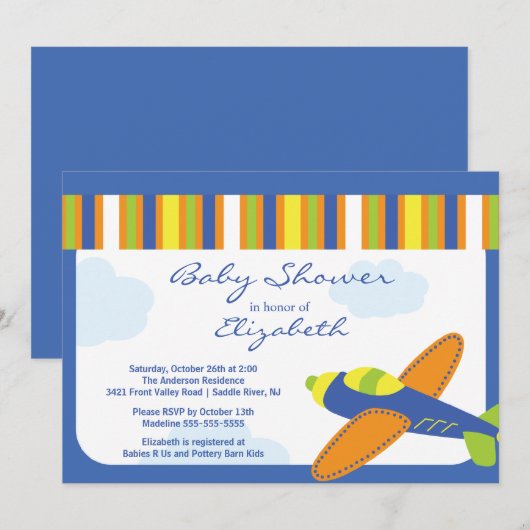Cute Blue Airplane Boy Baby shower Invitation Kaart (Voorkant / Achterkant)