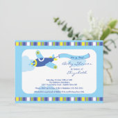 Cute Blue Airplane Boy Baby shower Invitation Kaart (Staand voorkant)