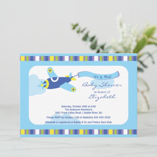 Cute Blue Airplane Boy Baby shower Invitation Kaart (Staand voorkant)