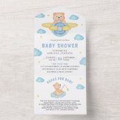 Cute Blue Airplane Boy Teddy Bear Baby shower All In One Uitnodiging (Binnen)