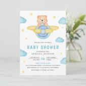 Cute Blue Airplane Boy Teddy Bear Baby shower Kaart (Staand voorkant)