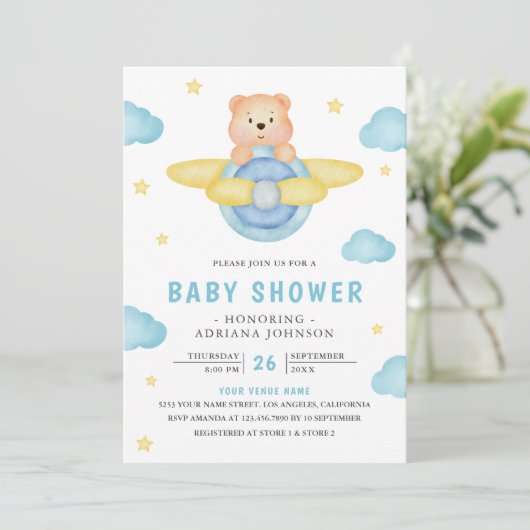 Cute Blue Airplane Boy Teddy Bear Baby shower Kaart (Staand voorkant)