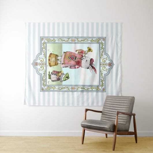 Cute Blue Alice in Wonderland White Rabbit Art Wandkleed (In Situ (horizontaal))