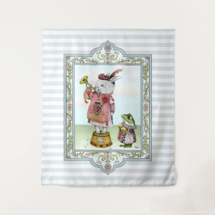 Cute Blue Alice in Wonderland White Rabbit Art Wandkleed