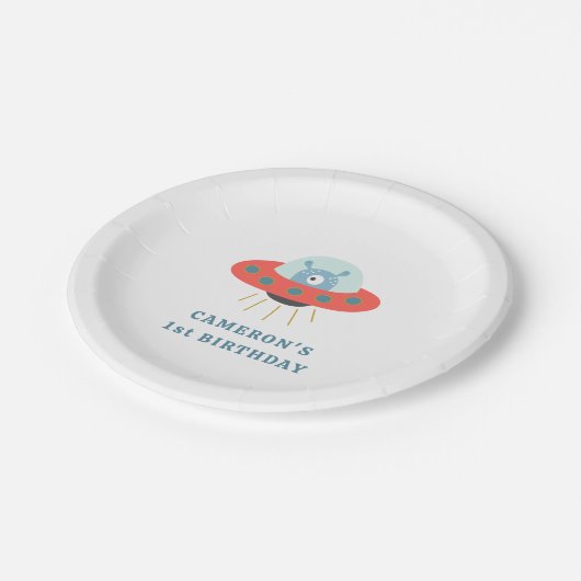 Cute Blue Alien Spaceship 1e verjaardag Papieren Bordje (Gekanteld)