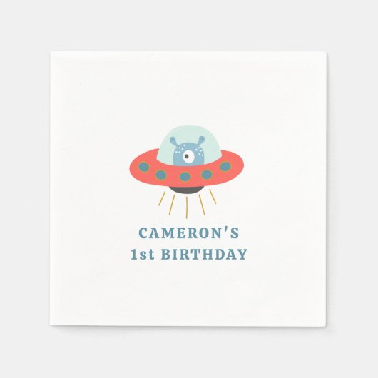 Cute Blue Alien Spaceship 1e verjaardag Servet (Voorkant)