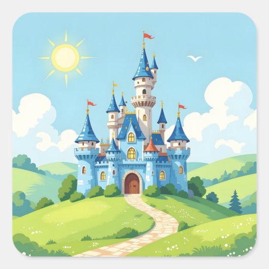 Cute blue and white castle vierkante sticker (Voorkant)