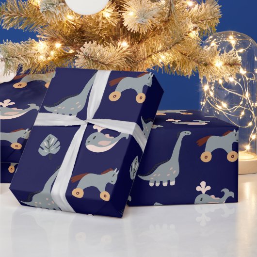 Cute Blue Animal Dino Leaf Kinder Wrapping Paper Cadeaupapier (Feestdagen)