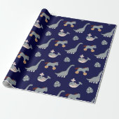 Cute Blue Animal Dino Leaf Kinder Wrapping Paper Cadeaupapier (Uitgerold)
