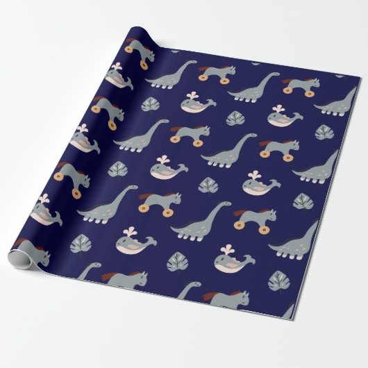 Cute Blue Animal Dino Leaf Kinder Wrapping Paper Cadeaupapier (Uitgerold)