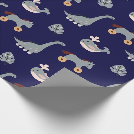 Cute Blue Animal Dino Leaf Kinder Wrapping Paper Cadeaupapier (Hoek)