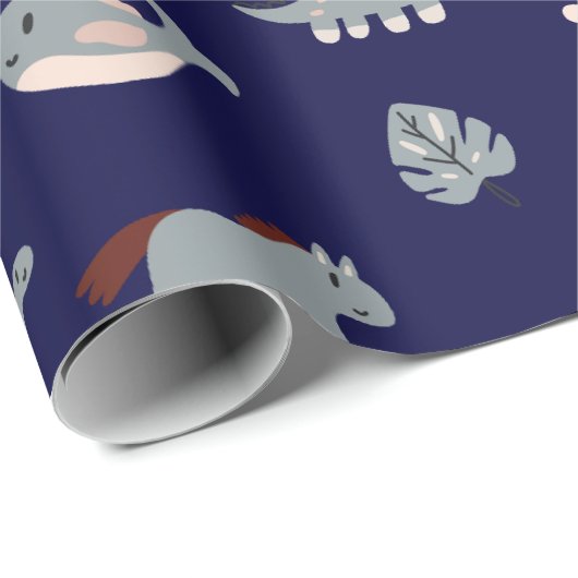 Cute Blue Animal Dino Leaf Kinder Wrapping Paper Cadeaupapier (Rol Hoek)
