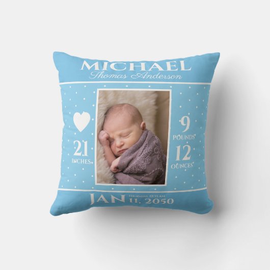 Cute Blue Baby Birth Stats Keepomwille Nursery Kussen (Achterkant)
