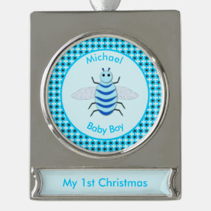 Cute Blue Baby Boy Bee Aangepast Eerste Kerstmis Verzilverd Banner Ornament