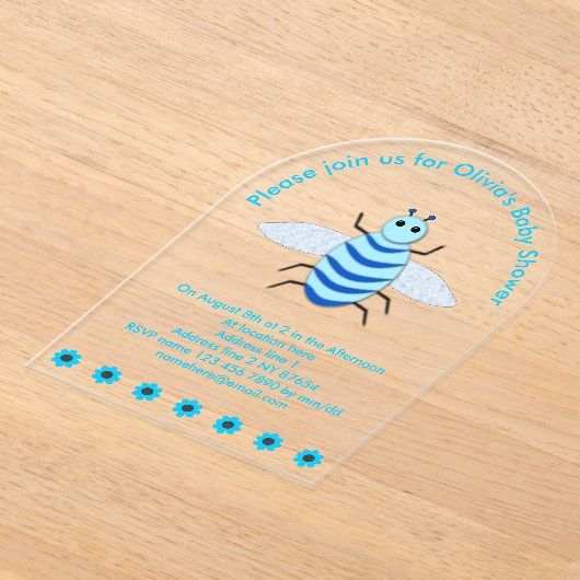 Cute Blue Baby Boy Bee Custom Baby shower Acryl Uitnodigingen (Laagn)