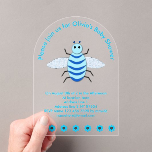 Cute Blue Baby Boy Bee Custom Baby shower Acryl Uitnodigingen (Insitu (Draagbaar))