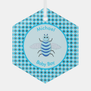 Cute Blue Baby Boy Bee Custom Glas Ornament