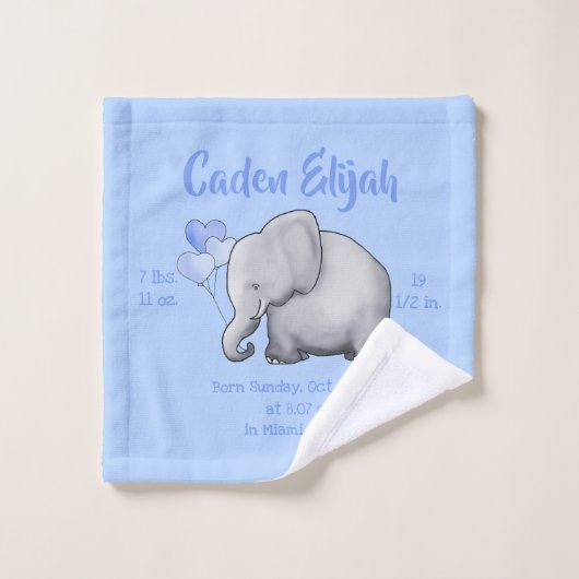 Cute Blue Baby Boy Birth Stat Elephant Nursery Washandje (Wasdoekje)