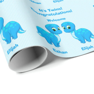 Cute Blue Baby Boy Dinosaur Twins Cadeaupapier