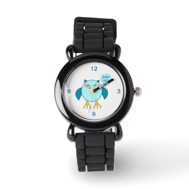 Cute Blue Baby Boy Owl Glitter Watch Horloge (Voorkant)