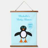 Cute Blue Baby Boy Penguin Baby shower Hangend Wandkleed (Voorkant)