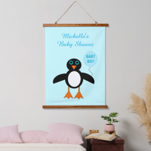 Cute Blue Baby Boy Penguin Baby shower Hangend Wandkleed