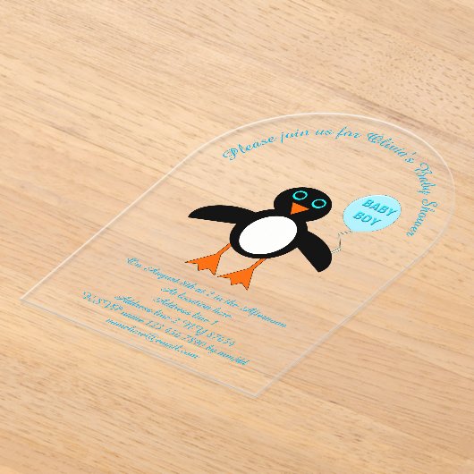 Cute Blue Baby Boy Penguin Custom Baby shower Acryl Uitnodigingen (Laagn)