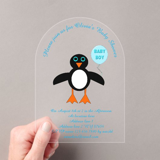 Cute Blue Baby Boy Penguin Custom Baby shower Acryl Uitnodigingen (Insitu (Draagbaar))