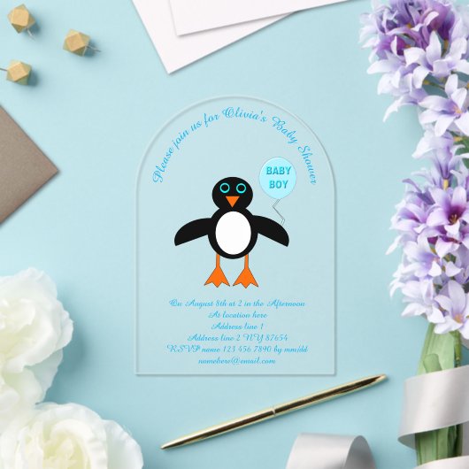 Cute Blue Baby Boy Penguin Custom Baby shower Acryl Uitnodigingen (Insitu (Huwelijk))