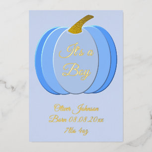 Cute Blue Baby Boy Pumpkin Birth Notice Folie Feestdagenkaart