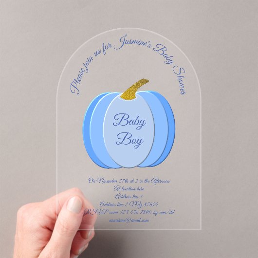 Cute Blue Baby Boy Pumpkin Custom Baby shower Acryl Uitnodigingen (Insitu (Draagbaar))