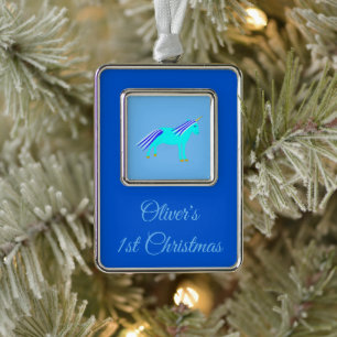 Cute Blue Baby Boy Unicorn Aangepast 1 kerstmis Verzilverd Omlijst Ornament