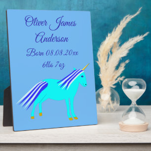 Cute Blue Baby Boy Unicorn Birth Notice Fotoplaat