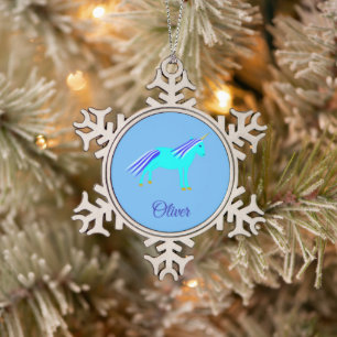 Cute Blue Baby Boy Unicorn Custom Tin Sneeuwvlok Ornament