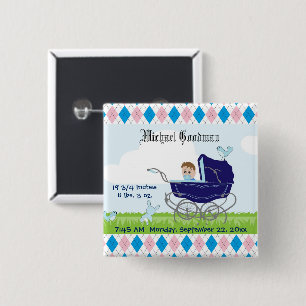 Cute Blue Baby Carriage Vierkante Button 5,1 Cm