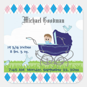 Cute Blue Baby Carriage Vierkante Sticker